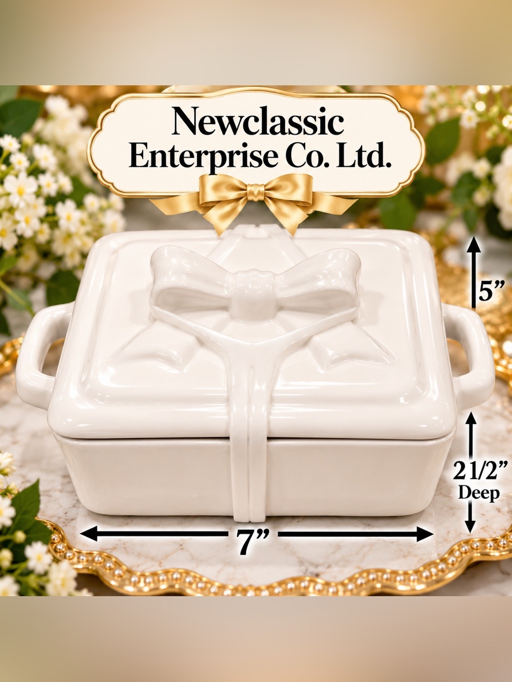 Newclassic Ceramic Bakeware Dish with Lid. in White with a Bow NWT